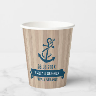 Blond Wood Texture Navy-Blue Nautical Boat Anchor Pappbecher