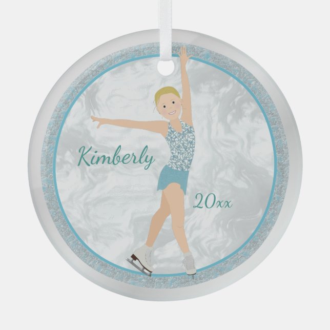 Blonde Abbildung Skater in Aqua Ornament Aus Glas (Vorderseite)