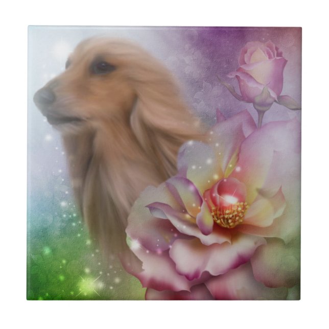 Blonde Afghan Hund Blume Hund Fliese (Vorderseite)