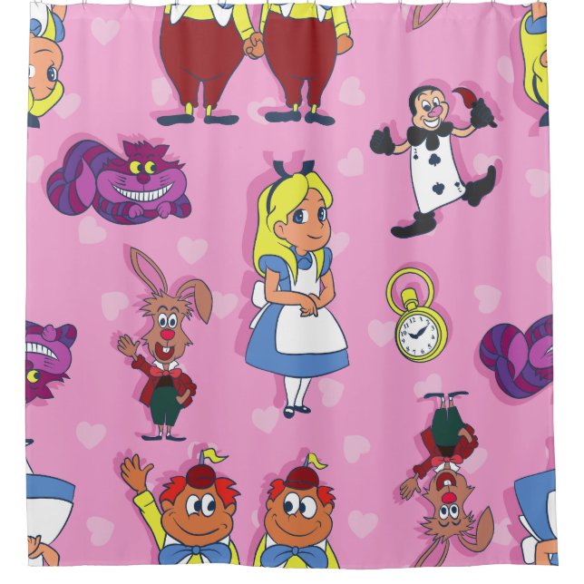 Blonde Alice im Wunderland Cheshire Cat Mad Hatter Duschvorhang (Vorderseite)