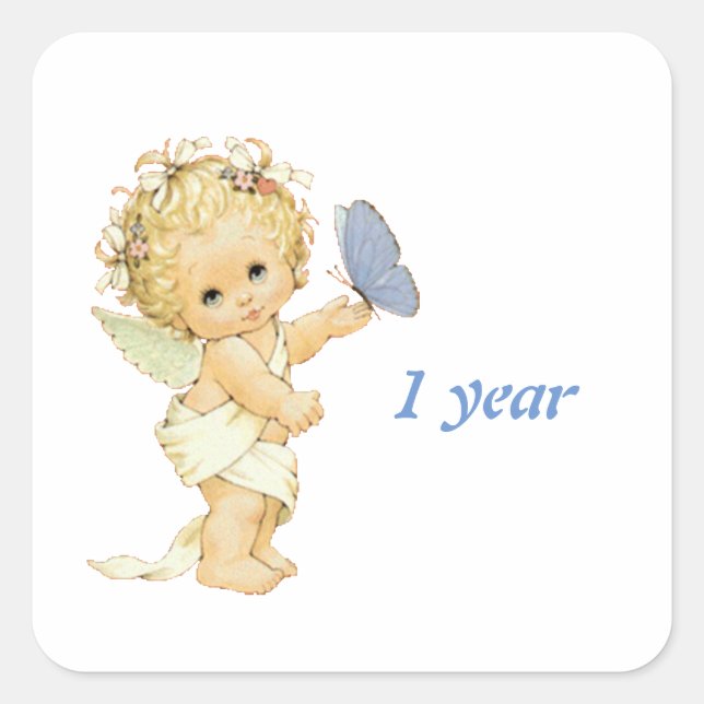 Blonde Angel Baby mit Schmetterling. Ein Jahr Quadratischer Aufkleber (Vorderseite)