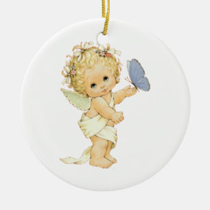 Blonde Angel Baby mit Schmetterling. Metallverzier Keramik Ornament