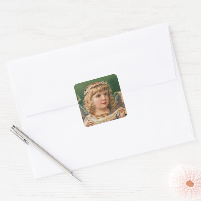 Blonde Angel mit Weihnachtsbanner Quadratischer Aufkleber (Umschlag)
