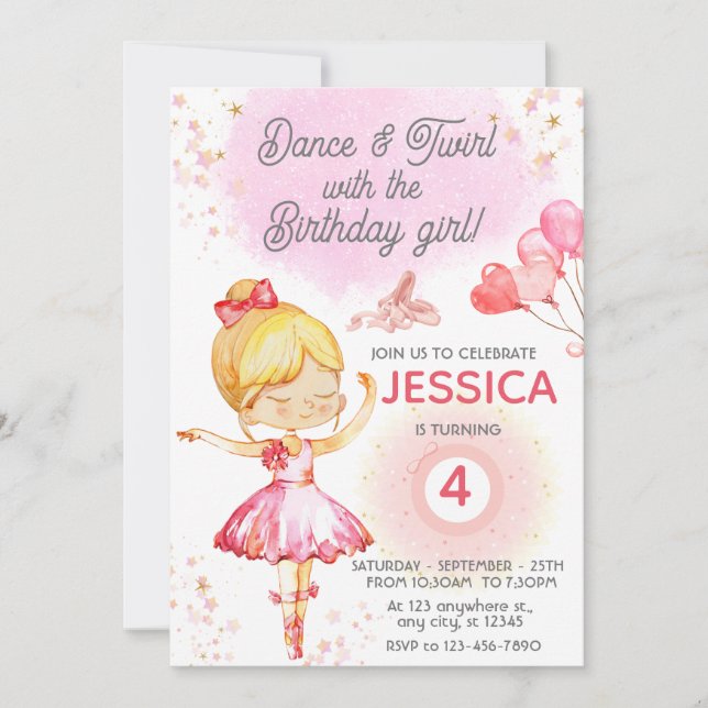 Blonde Ballerina Geburtstagsballett Einladung (Vorderseite)