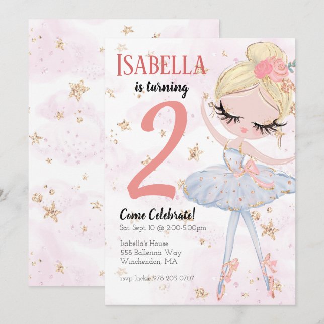 Blonde Ballerina Invitation de fête d'anniversaire (Devant / Derrière)
