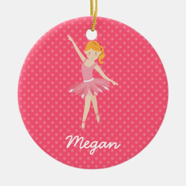 Blonde Ballerina mit rosa Tupfen Keramik Ornament (Vorne)