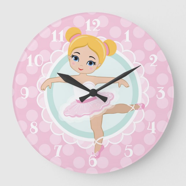 Blonde Ballerina - rosa Ballett-Tänzer-Mädchen Große Wanduhr (Vorderseite)