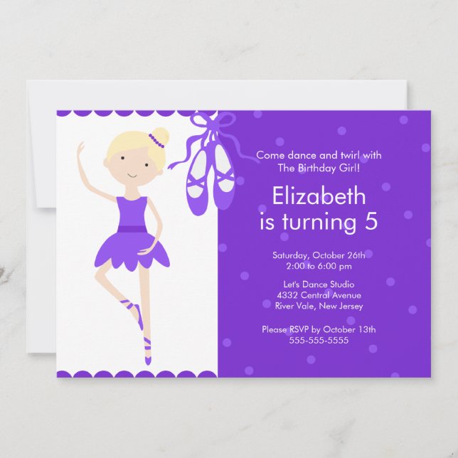 Blonde Ballerina Tanz Geburtstag Einladung Lila (Vorderseite)