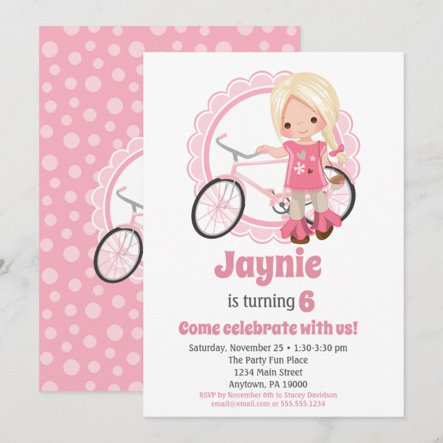 Blonde Bicycle Girl Birthday Einladung (Vorne/Hinten)