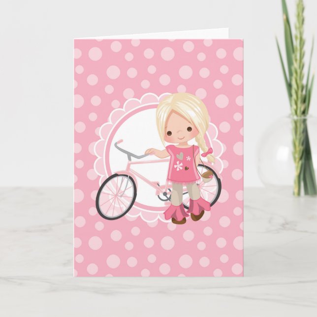 Blonde Bicycle Girl - Pink White Karte (Vorderseite)