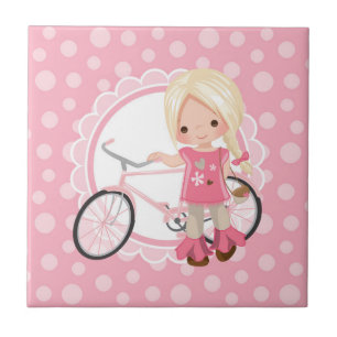 Blonde Bicycle Girl - Rosa Weiß Fliese