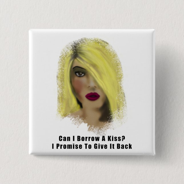 Blonde Bombshell Frau leiht sich einen Kuss Button (Vorderseite)