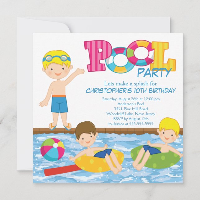 Blonde Boy Birthday Summer Pool Party Einladung (Vorderseite)