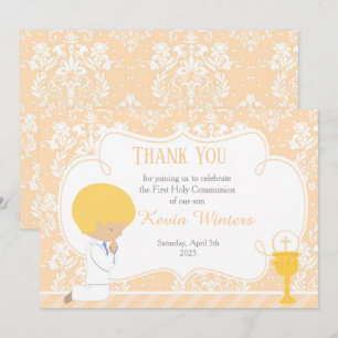 Blonde Boy First Communion Damask Dankeskarte