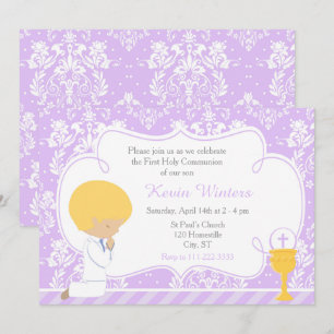 Blonde Boy First Communion Damask Einladung