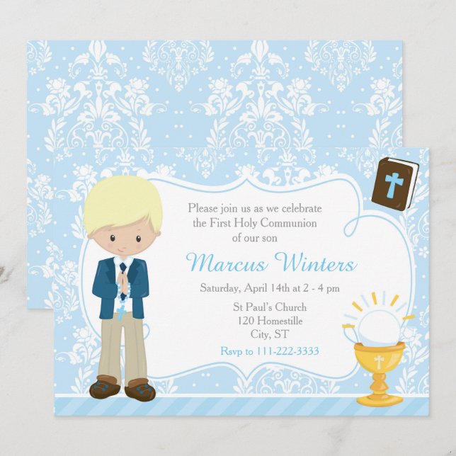 Blonde Boy First Communion Damask Einladung (Vorne/Hinten)