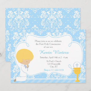 Blonde Boy First Communion Damask Einladung