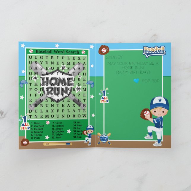 Blonde Boys Baseball Word Search Happy Birthday Karte (Innenseite)