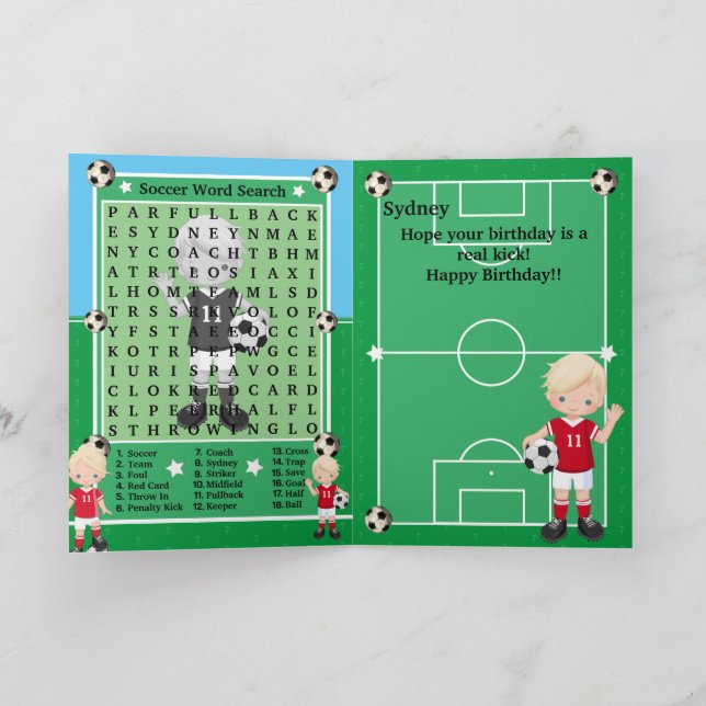 Blonde Boys Soccer Word Search Happy Birthday Karte (Innenseite)