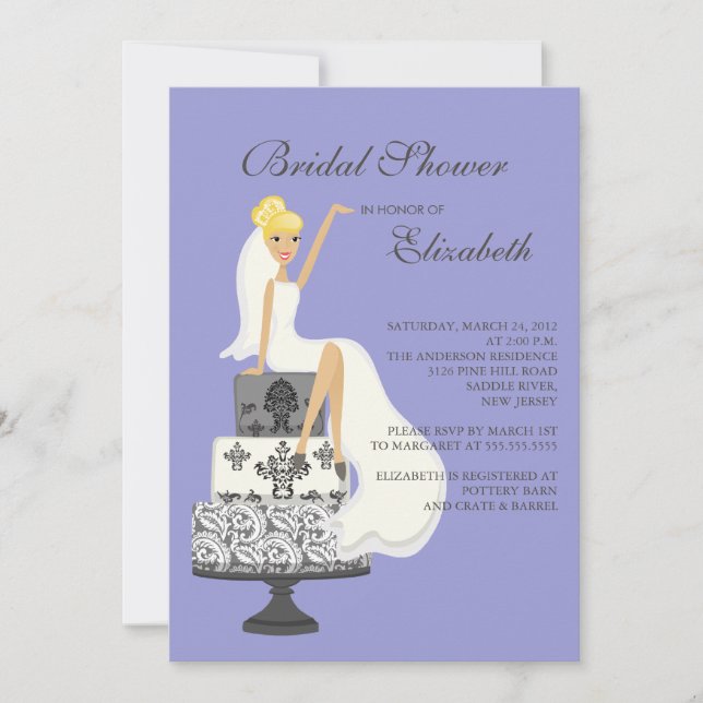 Blonde Bride Bridal Dusche Einladung Lila Grau (Vorderseite)