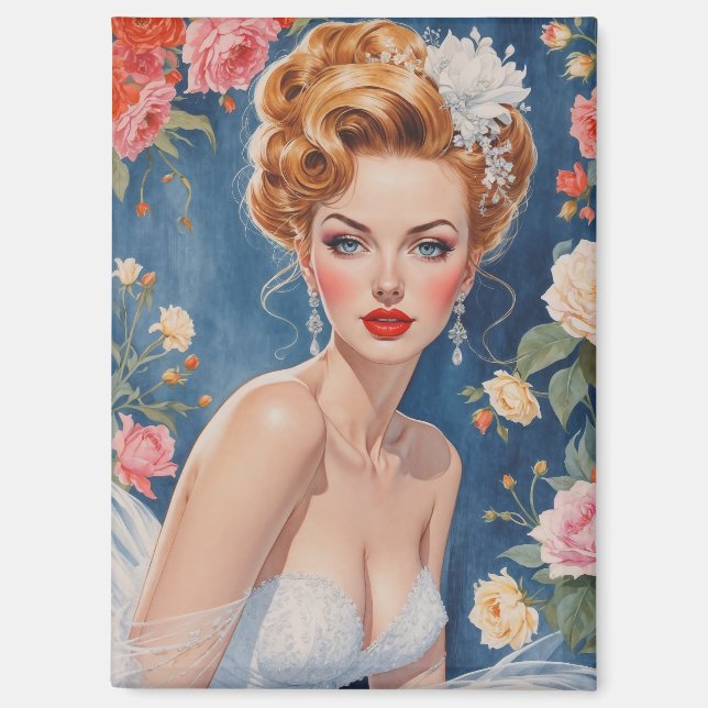 Blonde Button-Up Bride Portrait Floral Hintergrund Magnet (Vorderseite)
