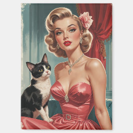 Blonde Button-Up Pink-Kleid mit Schwarz-Weiß-Katze Magnet