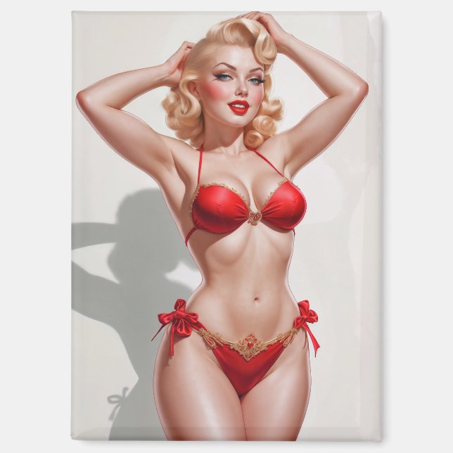 Blonde Button-Up Red Underwear Magnet (Vorderseite)