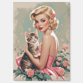 Blonde Button-Up Rotes Kleid und Niedliches Katzen Magnet