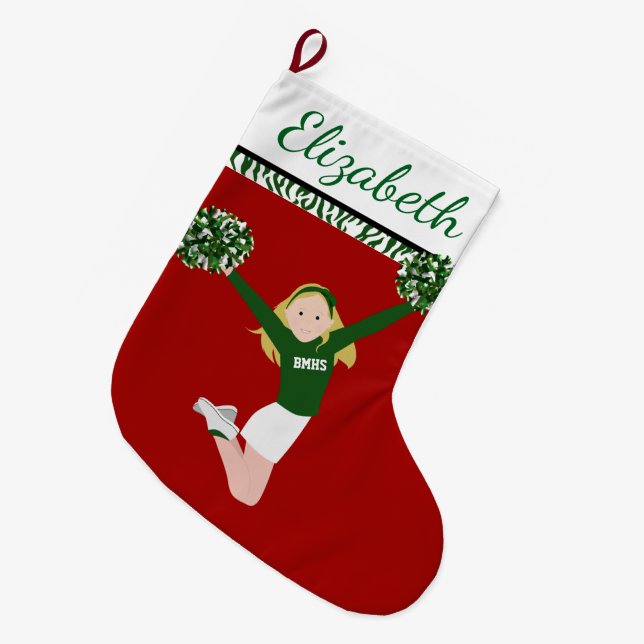 Blonde Cheerleader in Grün und Weiß Großer Weihnachtsstrumpf (Vorderansicht (hängend))