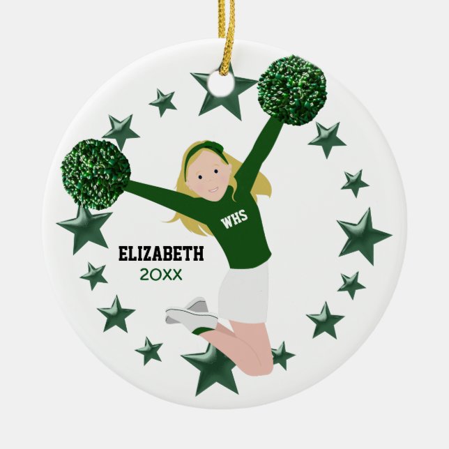 Blonde Chef Green & White Pom Poms Keramik Ornament (Vorne)