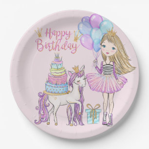 Blonde Cool Girl Modern Unicorn Prinzessin Geburts Pappteller