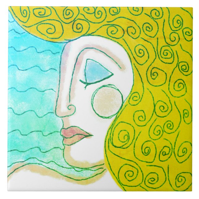 Blonde Curls Abstrakte digitale Malerei einer Frau Fliese (Vorderseite)