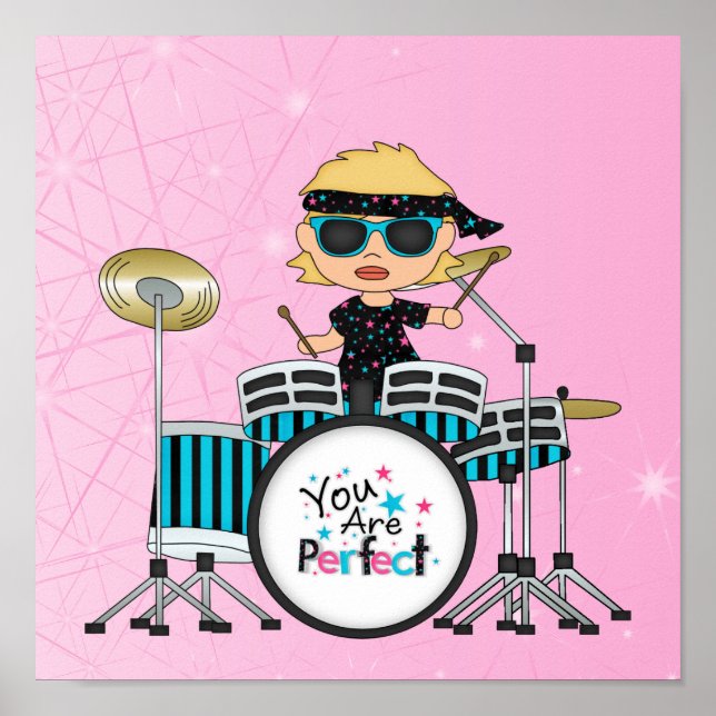 Blonde Drummer Girl with Stars on Pink Poster (Vorne)