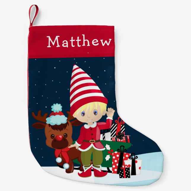 Blonde Elf Boy mit Rudolph Kleiner Weihnachtsstrumpf (Vorderseite)