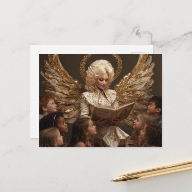 Blonde Engelsfrau liest Kindern vor Postkarte (Vorderseite/Rückseite Beispiel)