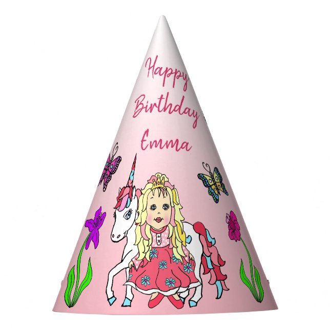 Blonde Fairy and Unicorn Birthday Hat Partyhütchen (Vorderseite)