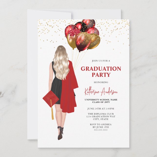 Blonde Female Red Graduation Party Einladung (Vorderseite)