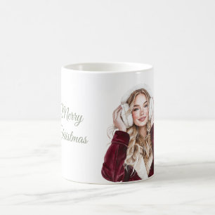Blonde Frau Burgunder Mantel Weihnachten Kaffeetasse