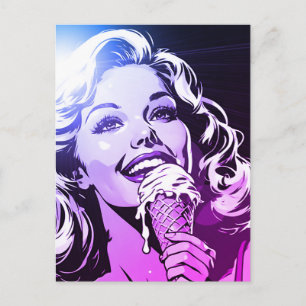 Blonde Frau Eiscreme Lila Magenta Blau Schwarz Postkarte