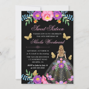 Blonde Frau im mexikanischen Blumenkleid Sweet 16 Einladung