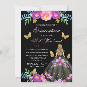 Blonde Frau in mexikanischem Blumenkleid Quinceañe Einladung