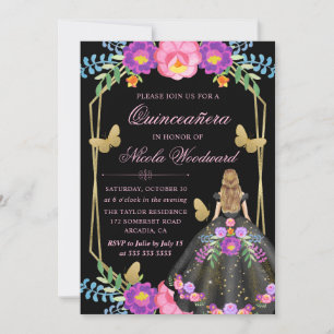 Blonde Frau mexikanisches Blumenkleid Quinceañera Einladung