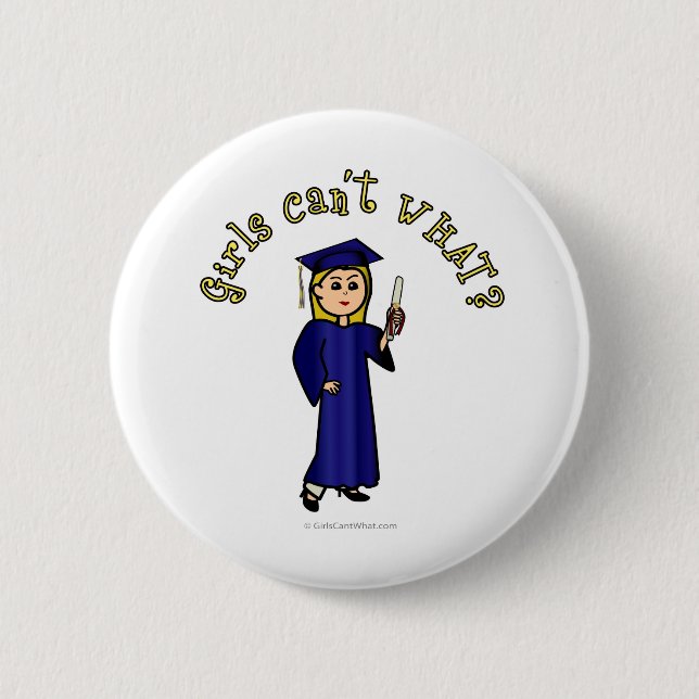 Blonde Frauenstudium in Blue Gown Button (Vorderseite)