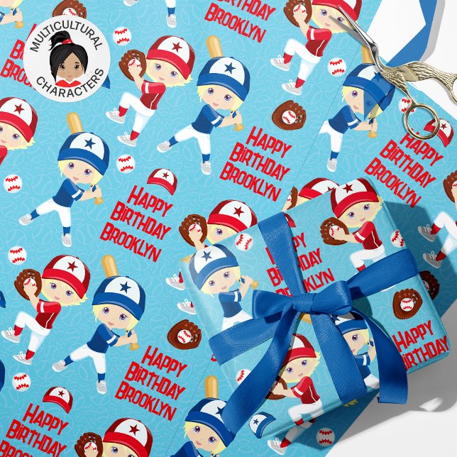 Blonde Girl Baseball Personalisiert Wrapping Paper Geschenkpapier (Von Creator hochgeladen)