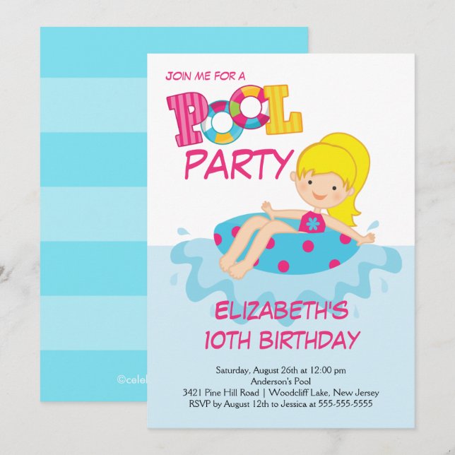 Blonde Girl Birthday Sommerpool Party Einladung (Vorne/Hinten)