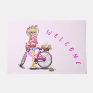 Blonde Girl Doormat mit rosa Bike Willkommen Fußmatte