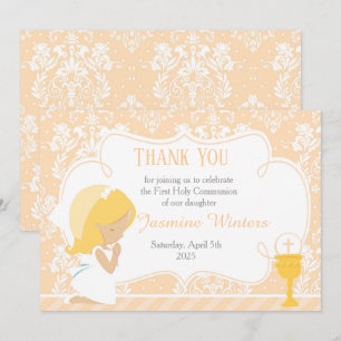 Blonde Girl First Communion Damask Dankeskarte