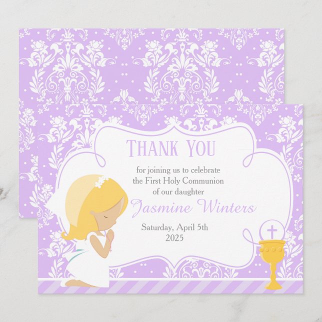 Blonde Girl First Communion Damask Dankeskarte (Vorne/Hinten)