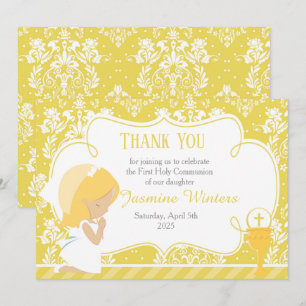 Blonde Girl First Communion Damask Dankeskarte