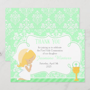 Blonde Girl First Communion Damask Dankeskarte